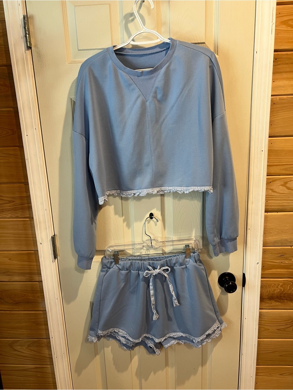 Cropped Lace-Trim Lounge Set in Powder Blue